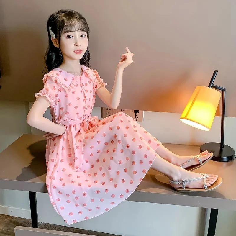 Летнее платье для девочек Пляжное с цветочным принтом платья коротким рукавом и