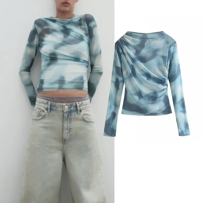 

Женский сетчатый топ, голубой облегающий эластичный Топ для студентов, весна-лето 2023