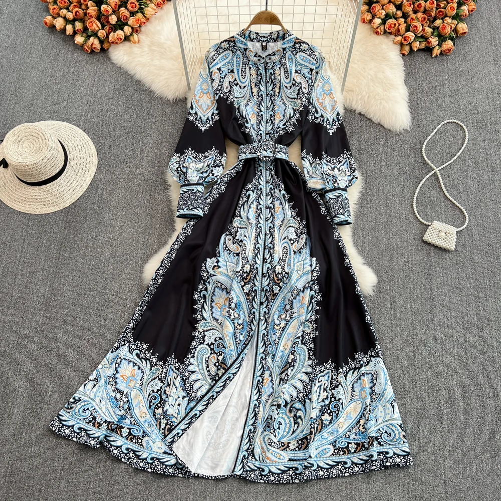 

Court Style Vintage Printing Long Sleeve Waist Closing Single Row Button Lantern Sleeve A-line Large Hem Dress Elegant Dress