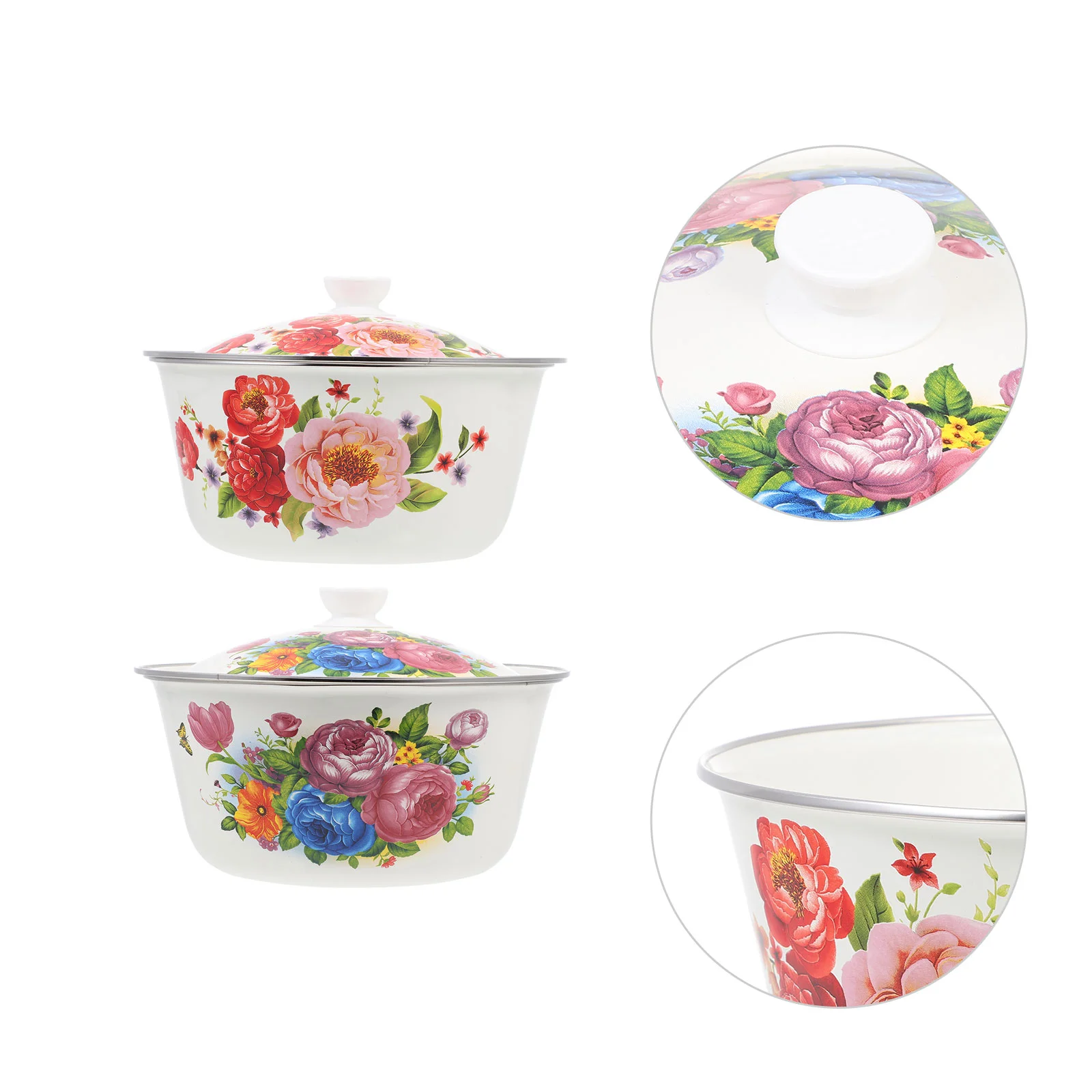 

2Pcs Household Enamel Basin Retro Lidded Enamel Pot Kitchen Condiment Container