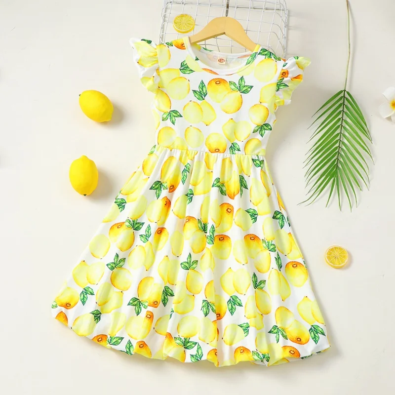 

New Summer Kids Dresses for Girls Fruit Lemon Print Flying Sleeve Girls Dress Cotton Breathable Girls Clothes Daily Casual 5-10Y