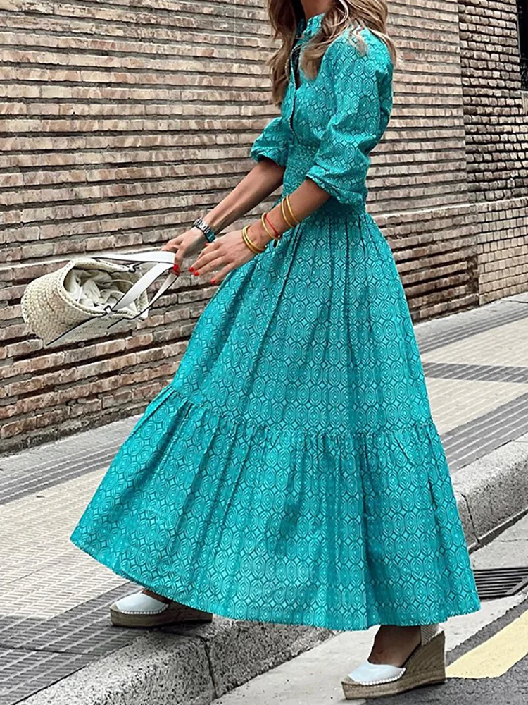 

Женское платье с отложным воротником и принтом, вечернее платье макси в пляжном стиле составного кроя свободного кроя с эластичной талией, весна-лето 2023