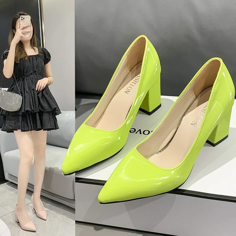 

Spring and Summer Womens High Heels Pointed Toe Solid Color Square Heel Fashion Shoes Plus Size Women Shoes 43 Patent Leather