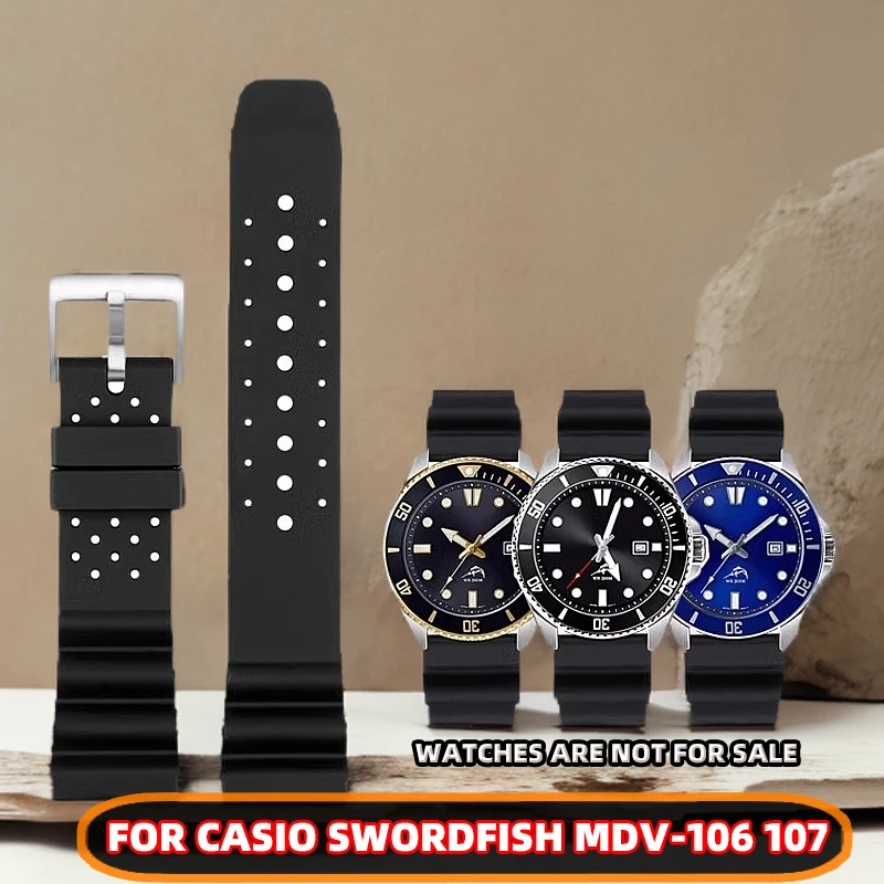 Фото Силиконовый ремешок для часов Casio Swordfish MDV-106 107 MTP-1374/1375 mdv106, мягкий, водонепроницаемый, черный, 22 мм №1