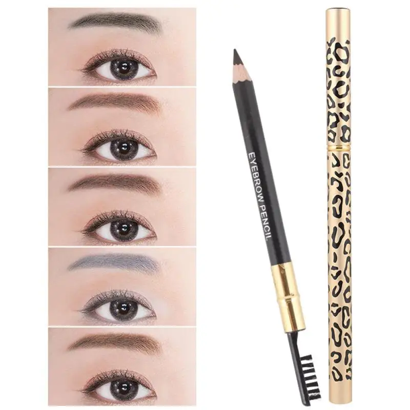

4-color Leopard Print Eyebrow Pencil, Metal Case, Double-headed Eyeliner, Iron Dual-use Cosmetic Pencil with Eyebrow Comb