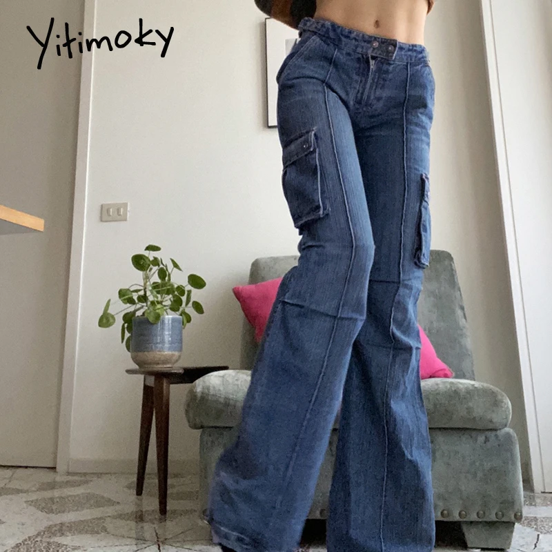 

Yitimoky Streetwear Cargo Pants Retro New Low Waist Jeans Pockets Patchwork Straight Denim Trousers Women Casual Korean Bottoms