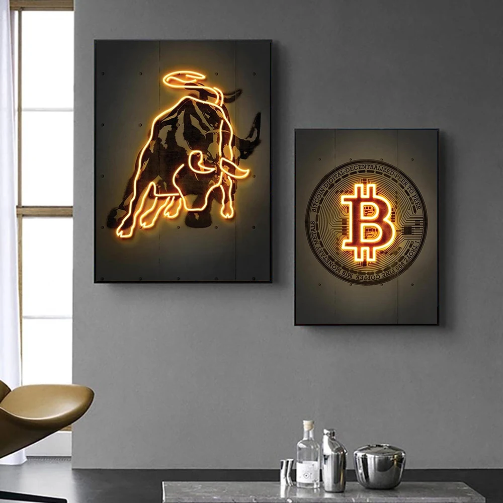 

Modern Neon Gold Bitcoin Paintings Print On Canvas Abstract Cattle Posters Wall Art Picture For Living Room Home Decor Murals