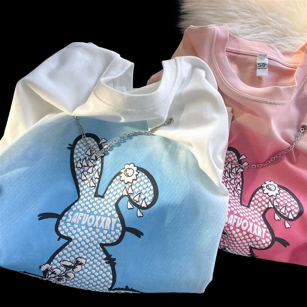 

New Summer Hip Hop Brand Bunny Graffiti T Shirts Cotton Loose Oversized Casual Tops Cool Chain Korean Fashion Ladies Kawaii Tees