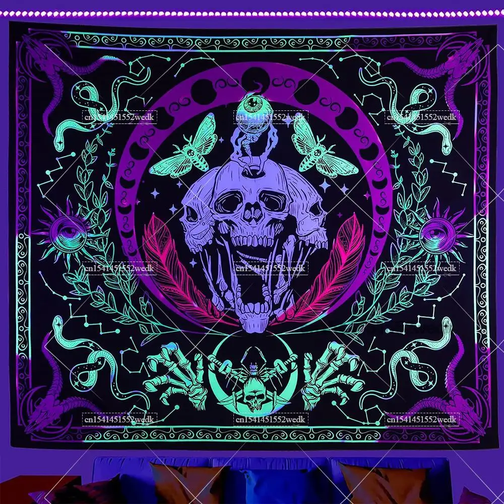 Хиппи Череп черный свет гобелен УФ реактивный Хэллоуин искусственный неон