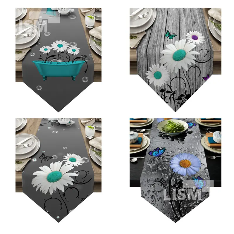 

Wood Grain Butterfly Daisy Table Runner Wedding Decoration Anti-stain Coffee Table Tablecloth Table Cover Table Runner
