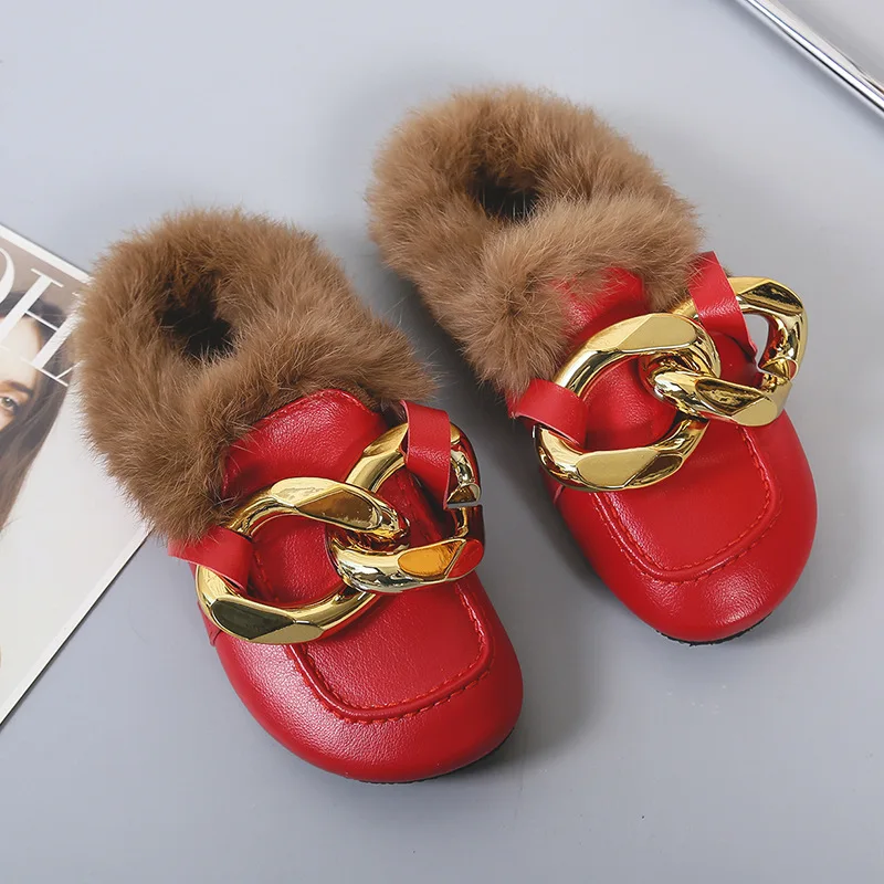 

Plush Warm Flat Slippers Big Chain Wool Slippers Women's 2022 New Autumn and Winter Thick Bottom Round Head Toe Slippers