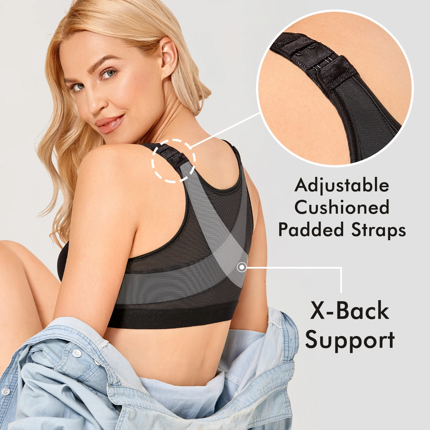 Full Coverage Front Closure Bra X Back Wire Free Back Support Posture Bra Plus Size Non-padded For Women Posture Corrector