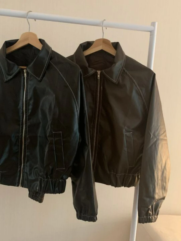 Cropped Moto Biker Zipper Leather Jackes Women 2022 Winter Black Loose Korean Fashion Jackets Ladies Outerwear Vintage Chic Coat