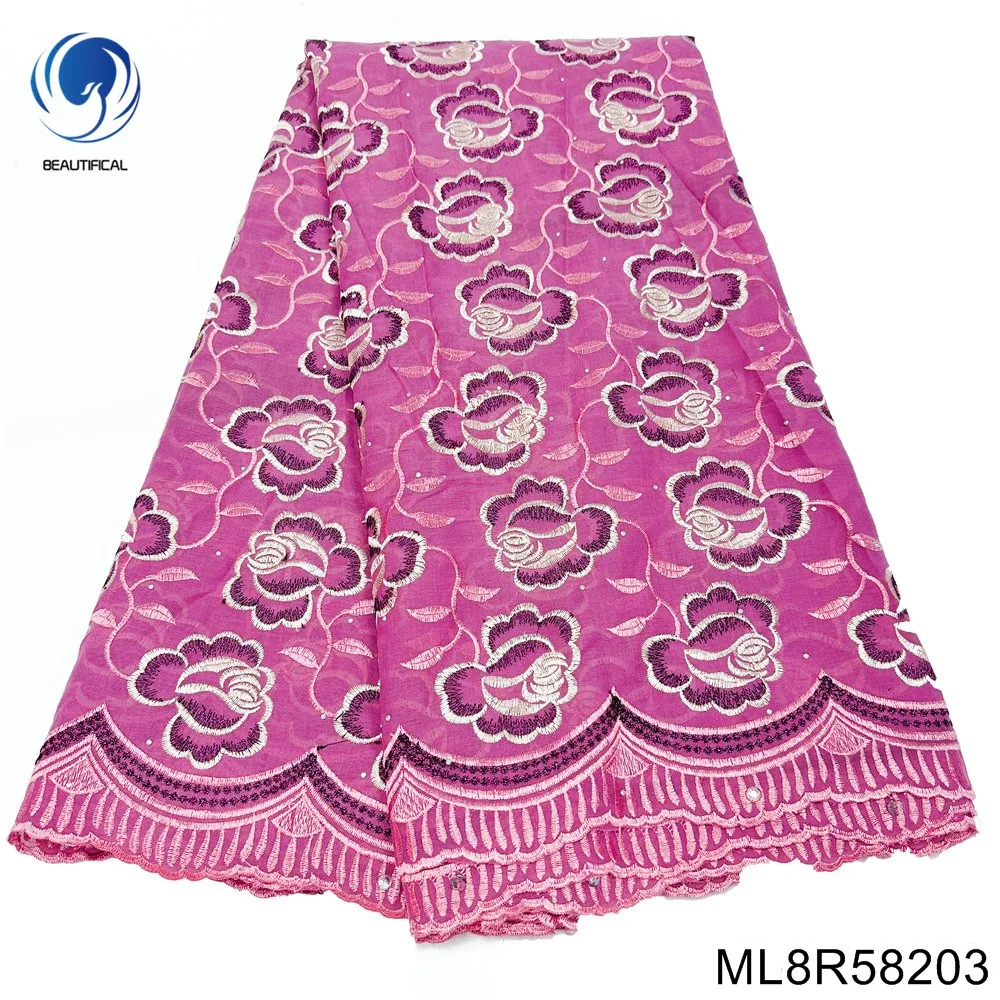 

2023 Высококачественная Розовая вышивка с рисунком розы, нигерийская швейцарская вуаль, кружева, 100% хлопок, 5 ярдов для фотоплатья ML8R582