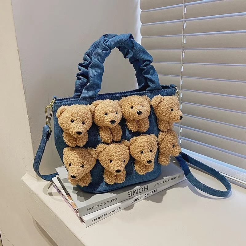 

Дизайнерская женская сумка на плечо из овечьей шерсти с медведем, холщовые вместительные сумки-тоуты для женщин, женская сумка-мешок с плис...