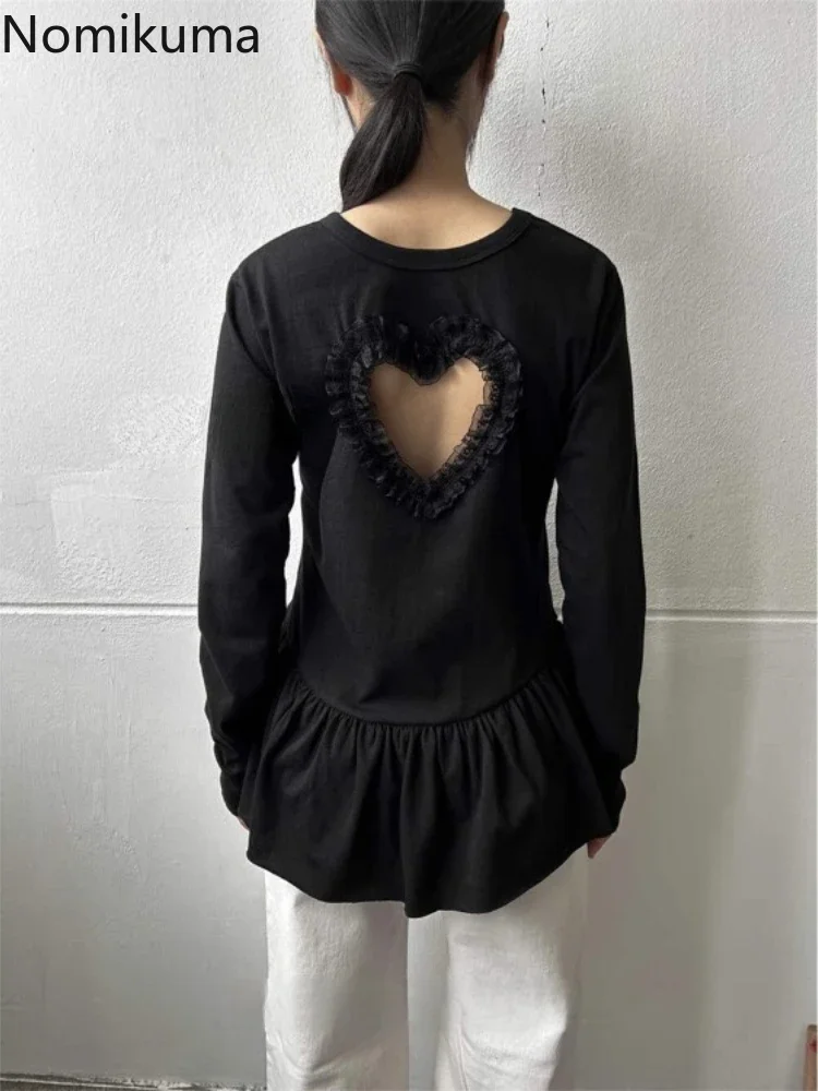 Уличная одежда Y2k Футболки Женская с длинным рукавом и круглым вырезом Кружева Love