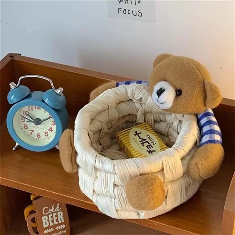 

New Ins Wind Bear Hugging Doll Cute Straw Woven Manual Storage Basket Desktop Key Remote Control Debris Storage Basket