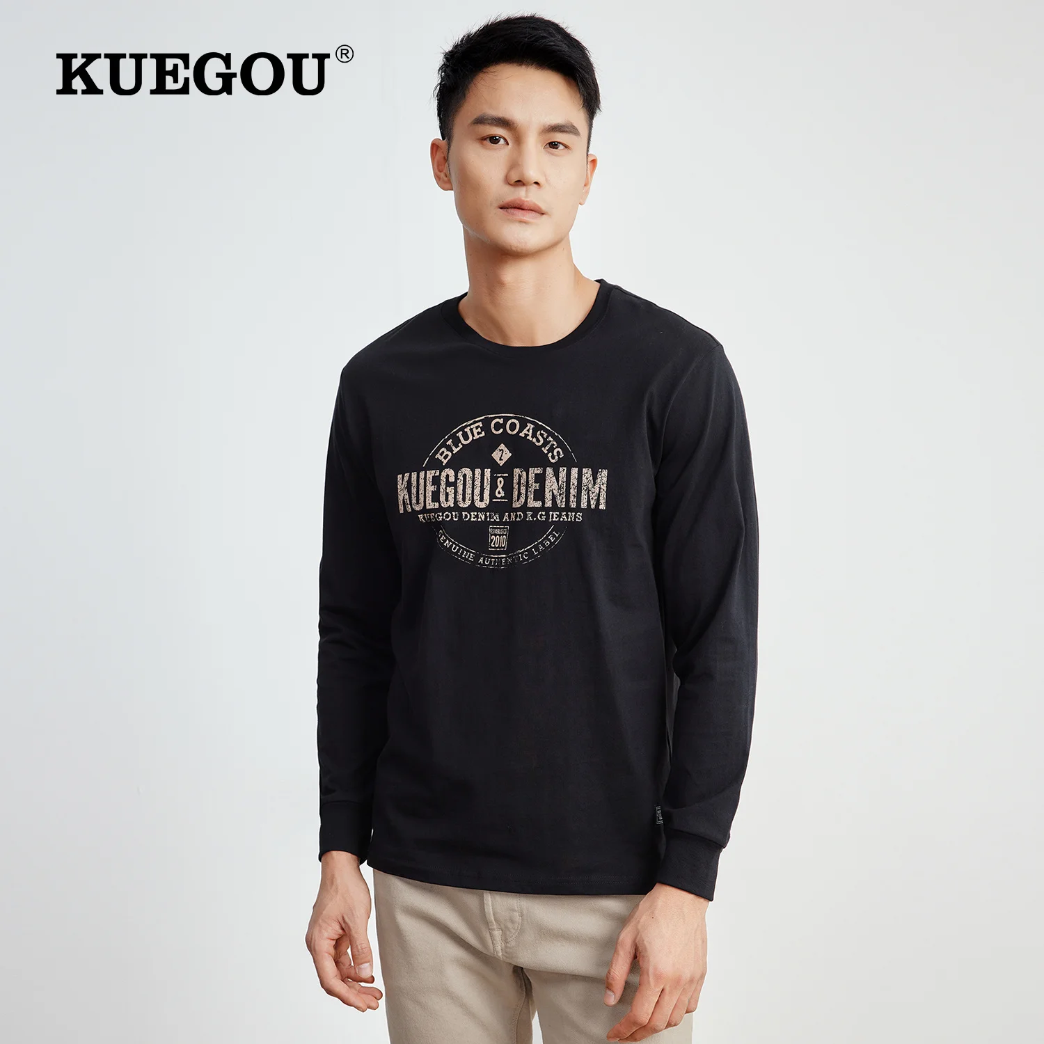 

KUEGOU 2022 Spring 100% Cotton Print Black T Shirt Men Slim Tshirt Brand Long Sleeve T-Shirt For Male Plus Size Tee Tops 88118