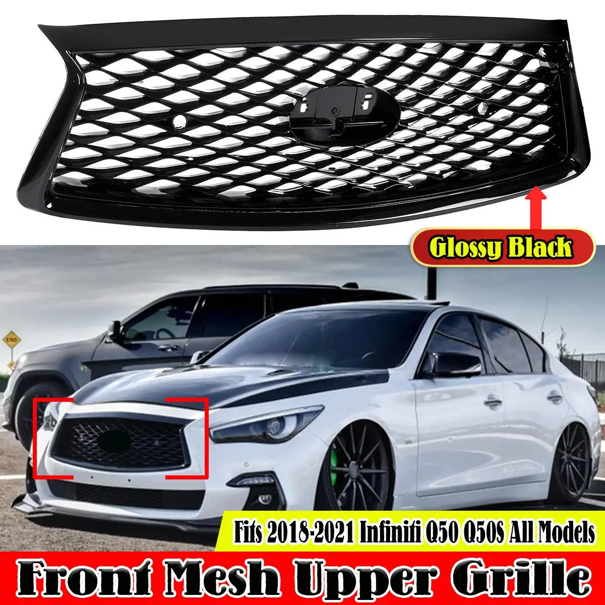 

Glossy Black Car Front Bumper Grille Grill For Infiniti Q50 Q50S 2018-2021 Front Upper Grille Front Grill Mesh Trim Cover