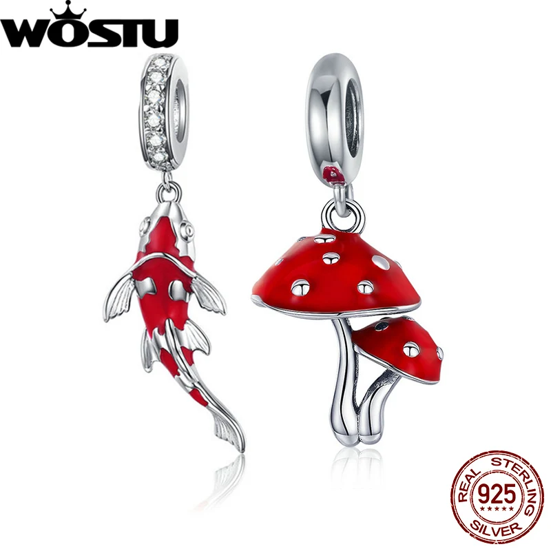 WOSTU Real 925 Sterling Silver Lucky Koi Fish Red Mushroom Charms Pendant Bead Fit Original Bracelet DIY Necklace Jewelry Making