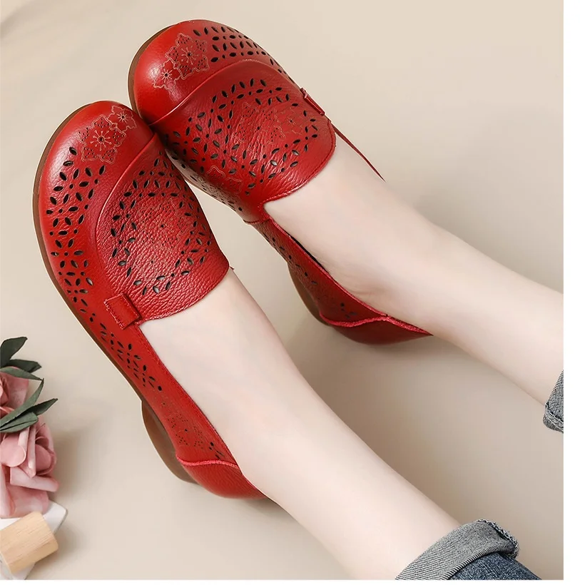 

Red flats shoes women's summer cutout loafers woman slip on ballet flats breathable shoes driving moccasins mom flat walk shoes