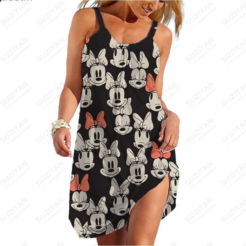 

New Summer Women's Dress Disney Floral 3D Print Sexy Beach Casual Pajama Dress Sleeveless Knee Length Open Back Style Girl Dress
