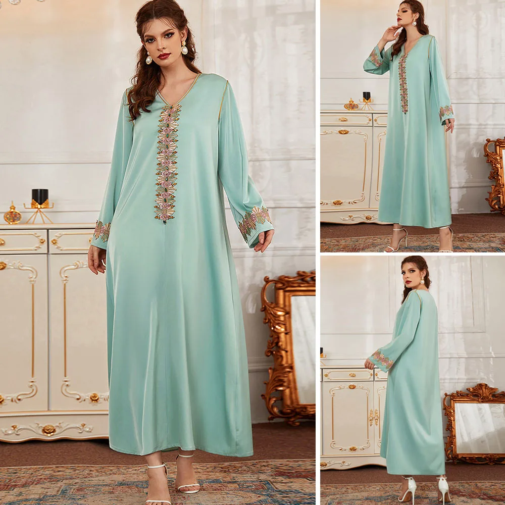Марокканское женское длинное платье с вышивкой, арабские Абайи, Турция, Ближний Восток, Рамадан, Исламская джалабия, кафтан, Дубайский Халат