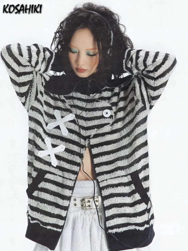 

Striped Cardigan Summer Thin Knit Sun Protection Jackets Japanese Y2k Aesthetic Streetwear Women Tops Gothic Coats