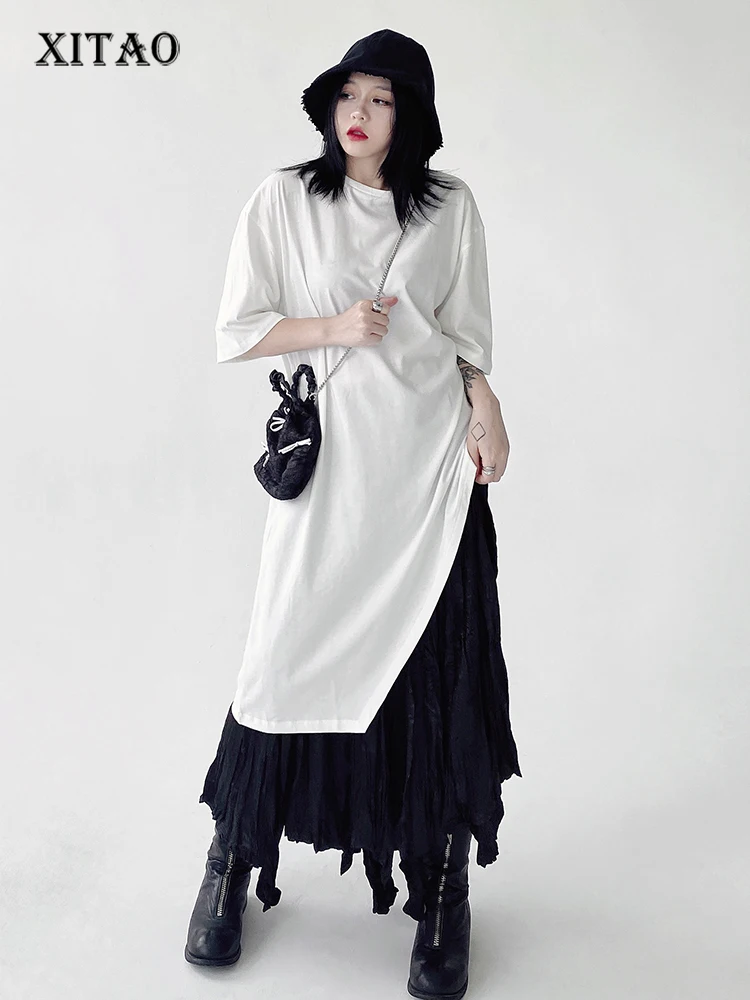 

XITAO Asymmetrical Solid Dress Women Korea 2023 Summer New Arrival Personality Fashion Loose O-neck Short Sleeve Dress HQQ0675