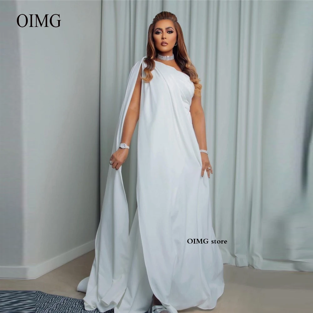 

OIMG White Chiffon Straight Formal Evening Dresses One Shoulder Cape Sleeve Saudi Arabic Prom Gowns Plus Size Party Dress