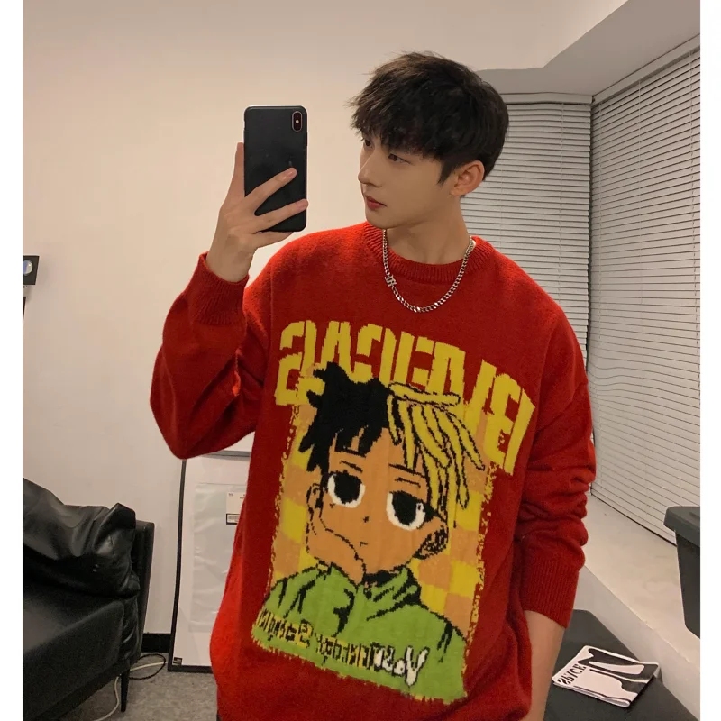 

2023 Spring New Men's High Quality Round Neck Pullover Academy Style Fashion Cartoon Character Print Sweater Casual Knitwear