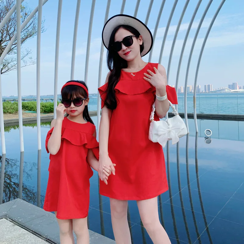 

Платье для родителей и детей, свободное пляжное платье А-силуэта с открытыми плечами и листьями лотоса, лето 2023