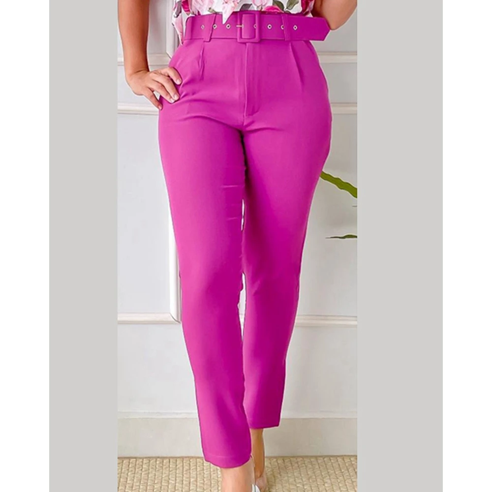 Summer Women Floral Print Halter Tank Top & High Waist Pants Set With Belt Female O-Neck Two Pieces Suit Set Workwear Outfits