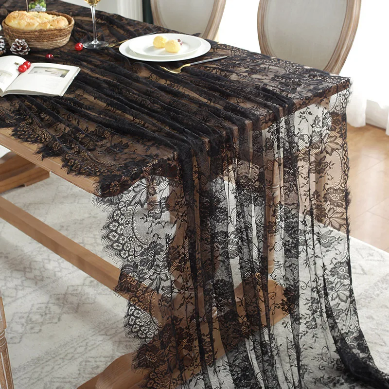 

INS Bohemian Style Black Lace Embroidered Tablecloth, European Rectangular Coffee Table Cover