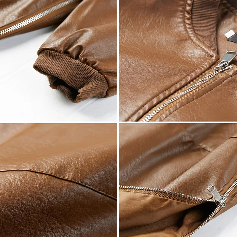 Loose Standing Collar Zipper PU Leather Coat Medium Long Coat Women's Autumn and Winter Wear  Vintage Loose Long Coats Brown