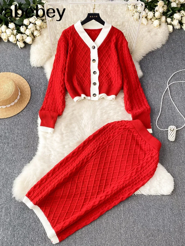 

Autumn Fashion Warm Knitted Suits Ladies Long Sleeves Thick Loose Cardigans+Elastic Long Skirt Sweater Two Pieces Sets