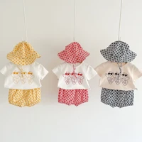summer new mens and womens baby suit newborn short sleeve printed t shirt checked bread pants hat three piece baby suit