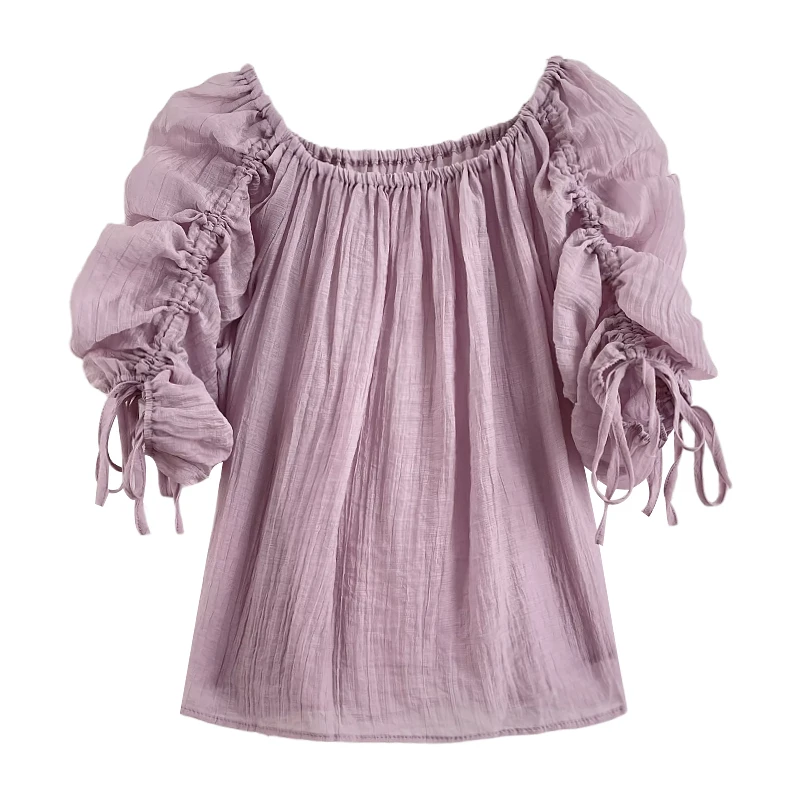 

Плиссированная рубашка на одно плечо с пышными рукавами и квадратным вырезом