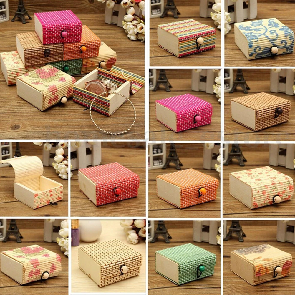 

1PC New Fashion Ring Necklace Earrings Bamboo Wooden Case Jewelry Storage Boxes Holder Gift Flower Color Storage Boxes