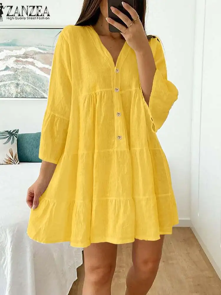 Купи Holiday Leisure Loose Mini Dress ZANZEA Women 2022 Casual 3/4 Sleeve Cotton V Neck Short Robes Mujer Button Pleated White Dress за 995 рублей в магазине AliExpress