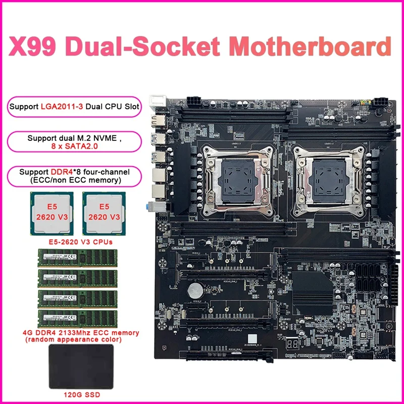 

X99 Dual-Socket Mining Motherboard+2XE5-2620 V3 CPU+4X4G DDR4 ECC RAM+120G SSD LGA2011-3 Dual CPU DDR4 Slots 8X SATA2.0