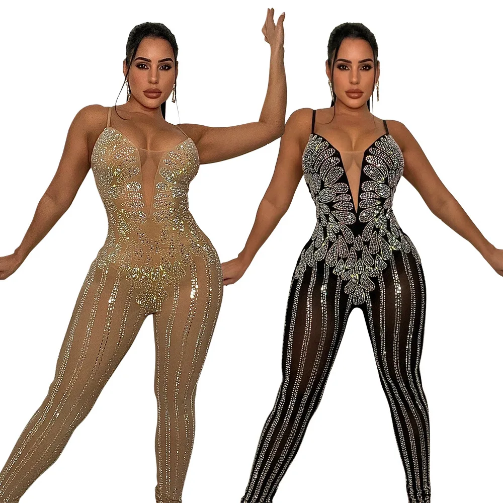 

Gorgeous Crystals Women Jumpsuit Sexy Party Nightclub Wear Sheer Mesh Rhinestones Sleeveless Skinny Bodysuit Rompers
