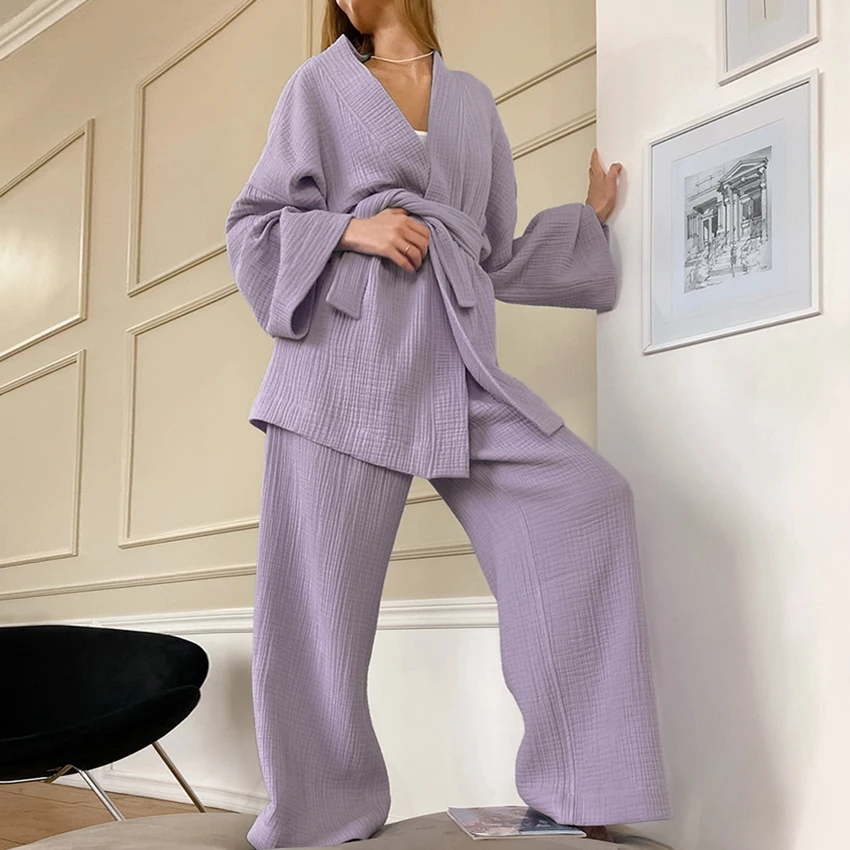 Restve Cotton Women's Nightgown 2 Pieces Set Drop Sleeves Robe Trouser Suits Flare Female Pajamas Summer Bathrobe For Woman 2022