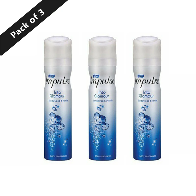 3 x Impulse Into Glamour Sandalwood & Vanilla Body Fragrance 75ml