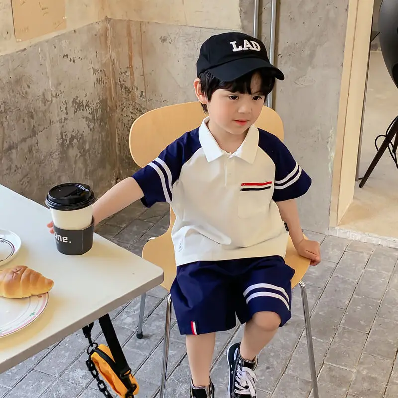 Boys' Short-Sleeved Suit 2022 Summer Clothes Children's Wear Fried Street Children's Polo Shirt College Style Clothes Children