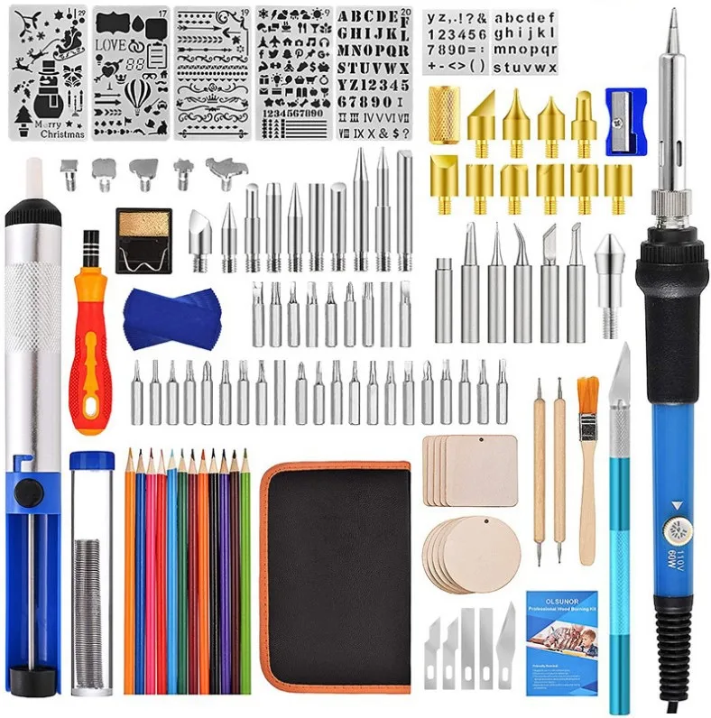 120 Pieces Pyrography Carving Tool Kit 60W Electric Soldering Iron with Color Pen Digital Letter Printing Template
