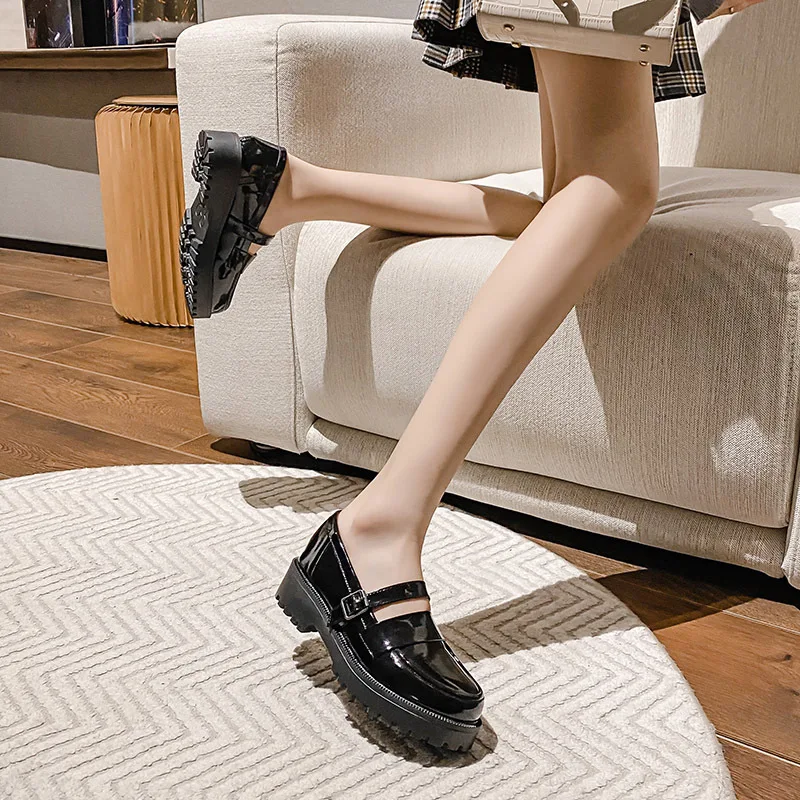 Women Mary Jeans Japanned Leather Loafers Femme Luxury Mocasines Thicken Soled Oxfords Ladies Shoes