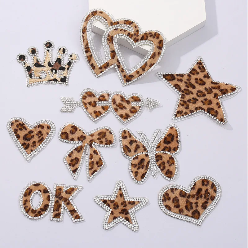 

Rhinestone Letter Heart Bowknot Leopard Patches for Clothing Sew on Embroidered Patch Plush Applique Badge Sewing Accessories