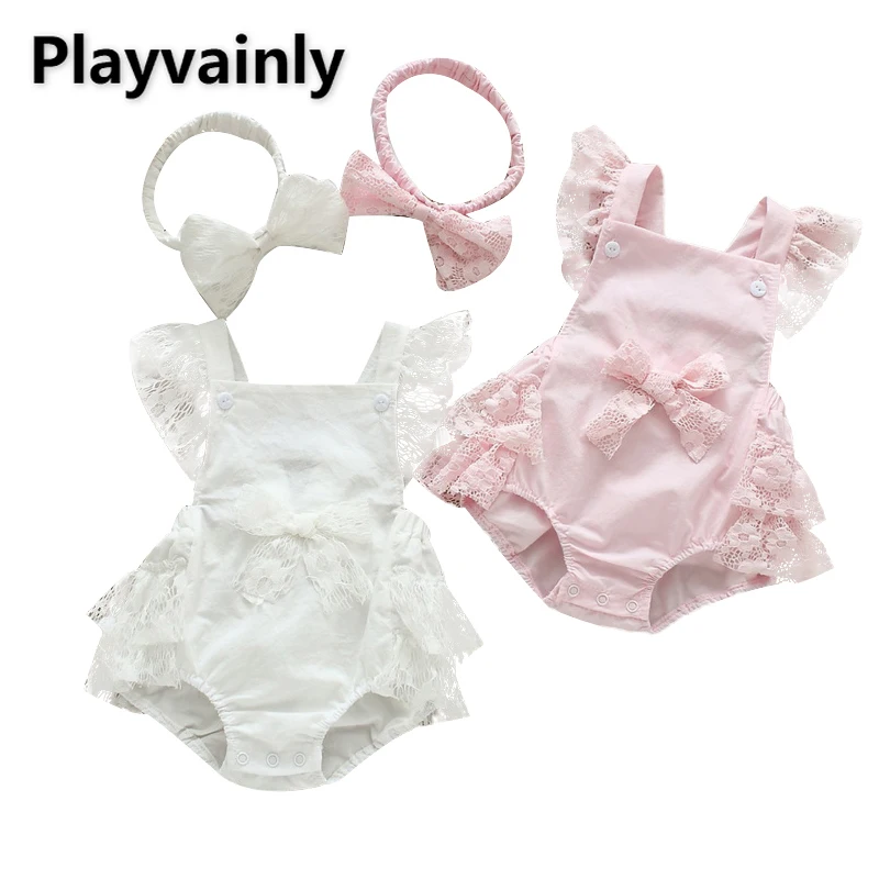 

Летний Боди для маленьких девочек, кружевной комбинезон с квадратным вырезом и расклешенными рукавами, розовый, белый комбинезон с открыто...