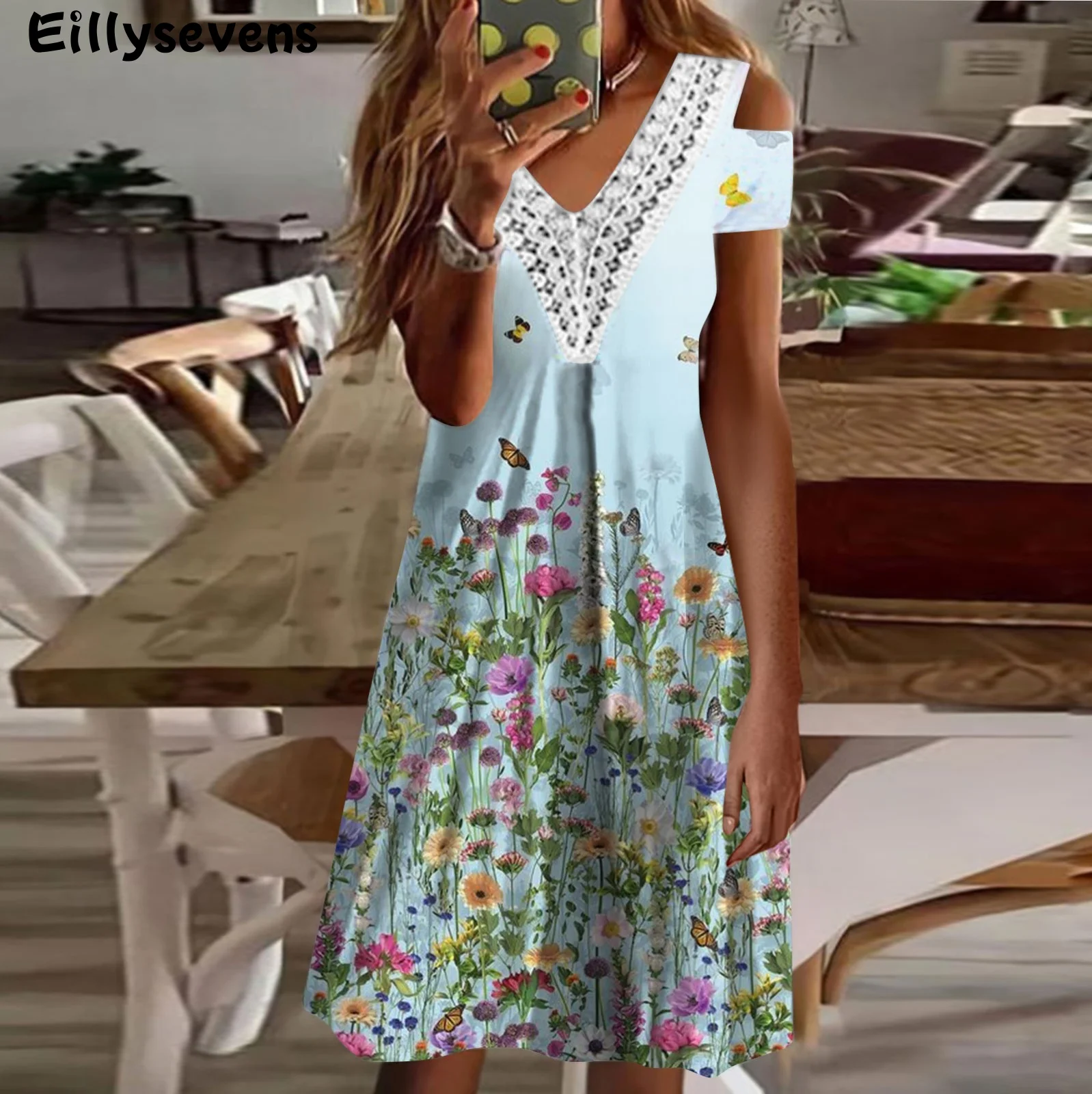 

Платье-мини женское с цветочным принтом, повседневная плиссированная туника с коротким рукавом, с V-образным вырезом, на лето